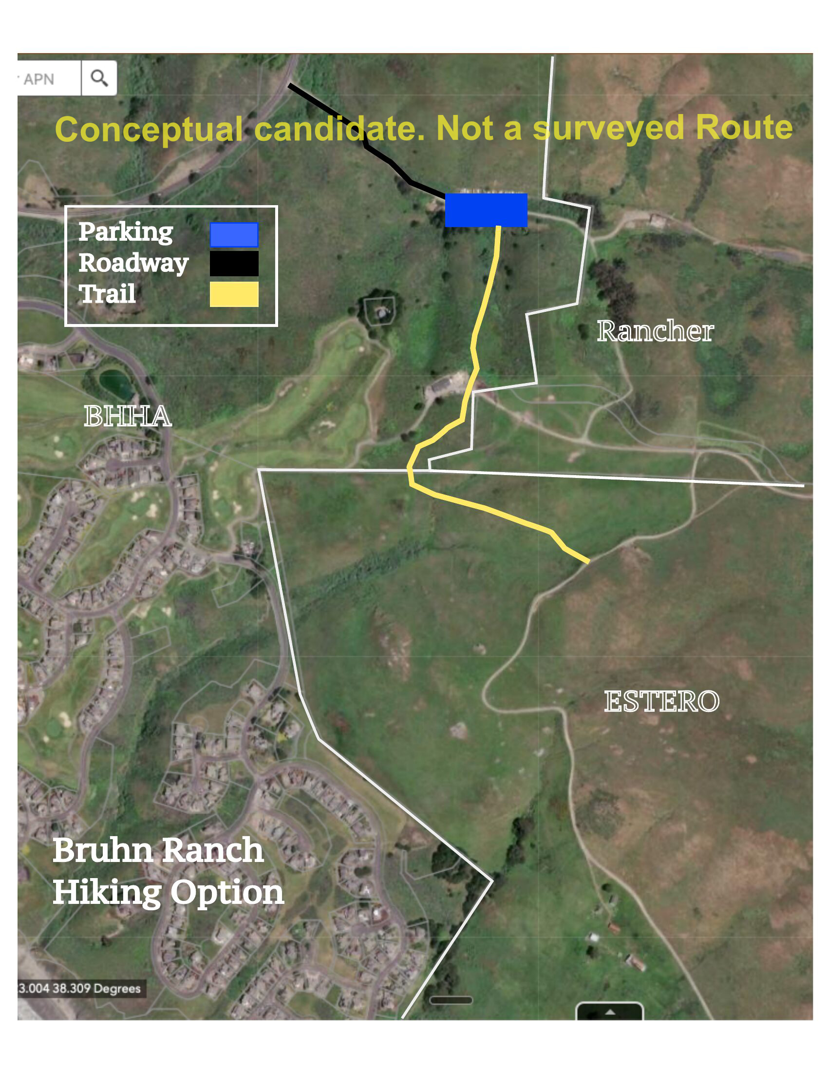 Aerial map showing Bruhn Ranch Hiking option with parking at the north near the ranch boundary and a long trail south to the Estero