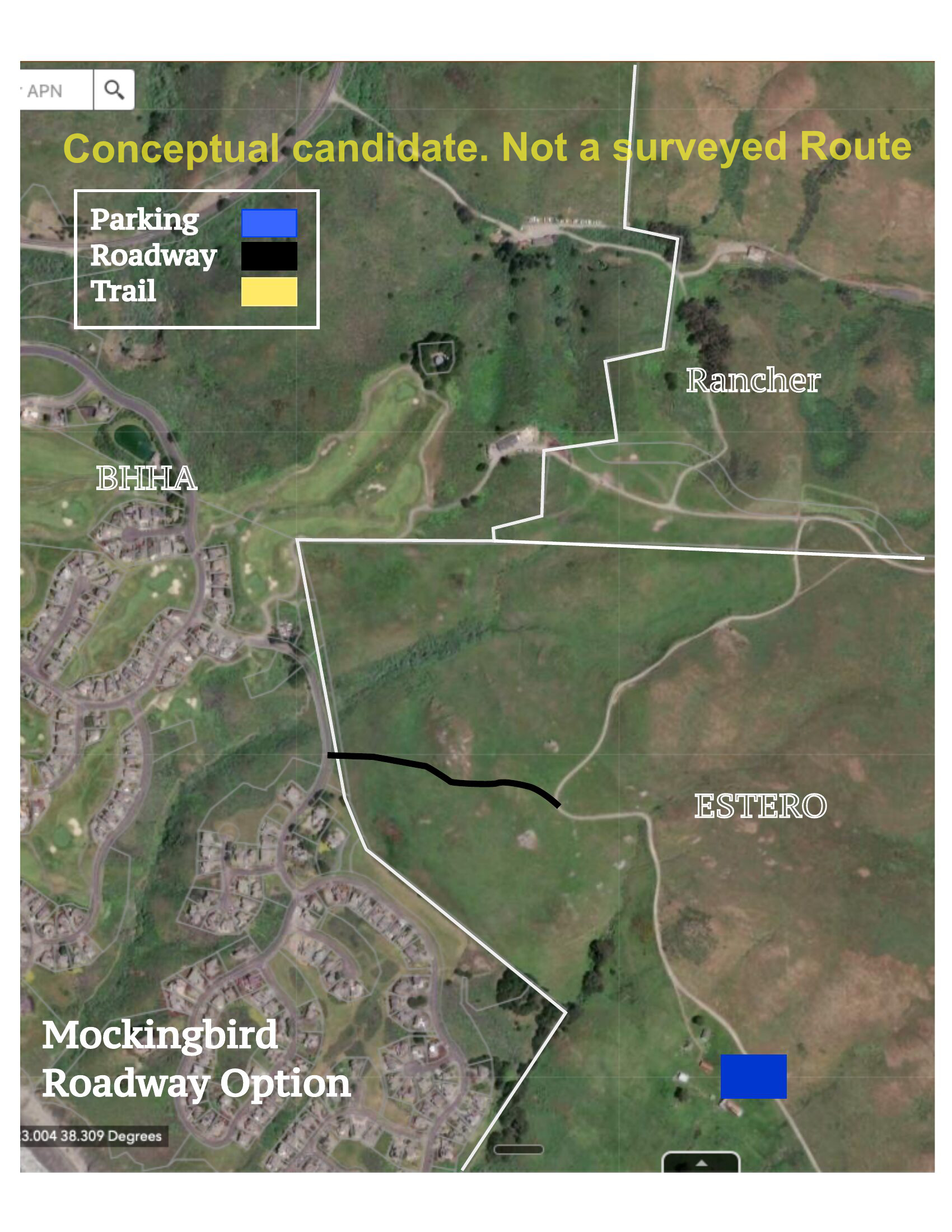 Aerial map showing Mockingbird Roadway option with parking near the Estero accessed via a new road from the mid-section