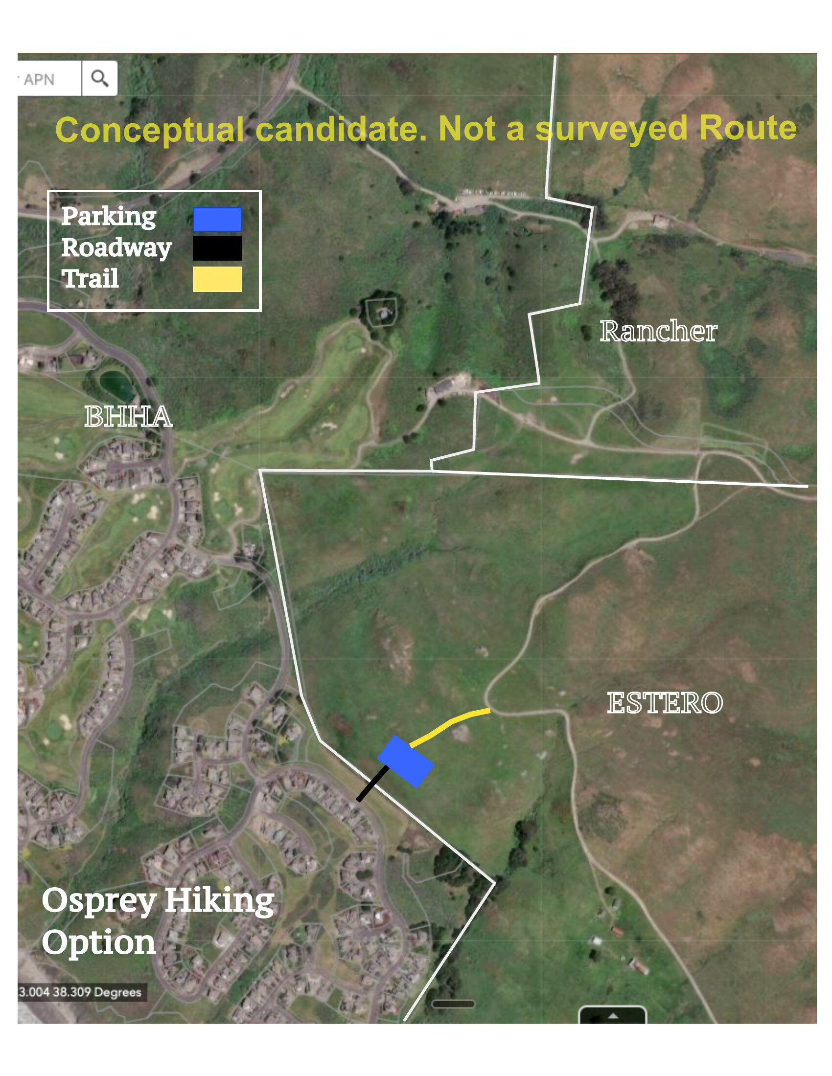 Aerial map showing Osprey Hiking option with parking at the south BHHA boundary and a short trail to the Estero