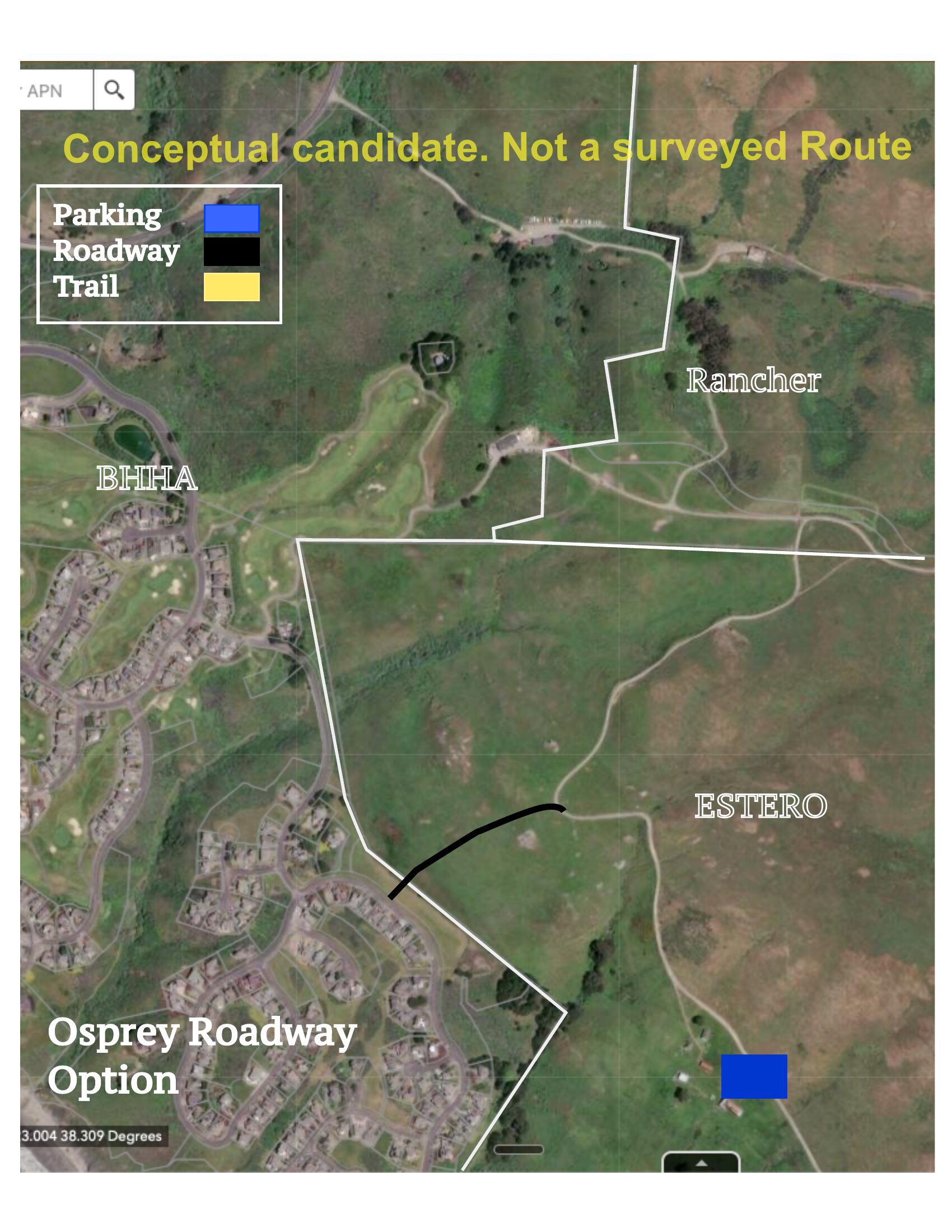 Aerial map showing Osprey Roadway option with parking near the Estero accessed via a new road from the south
