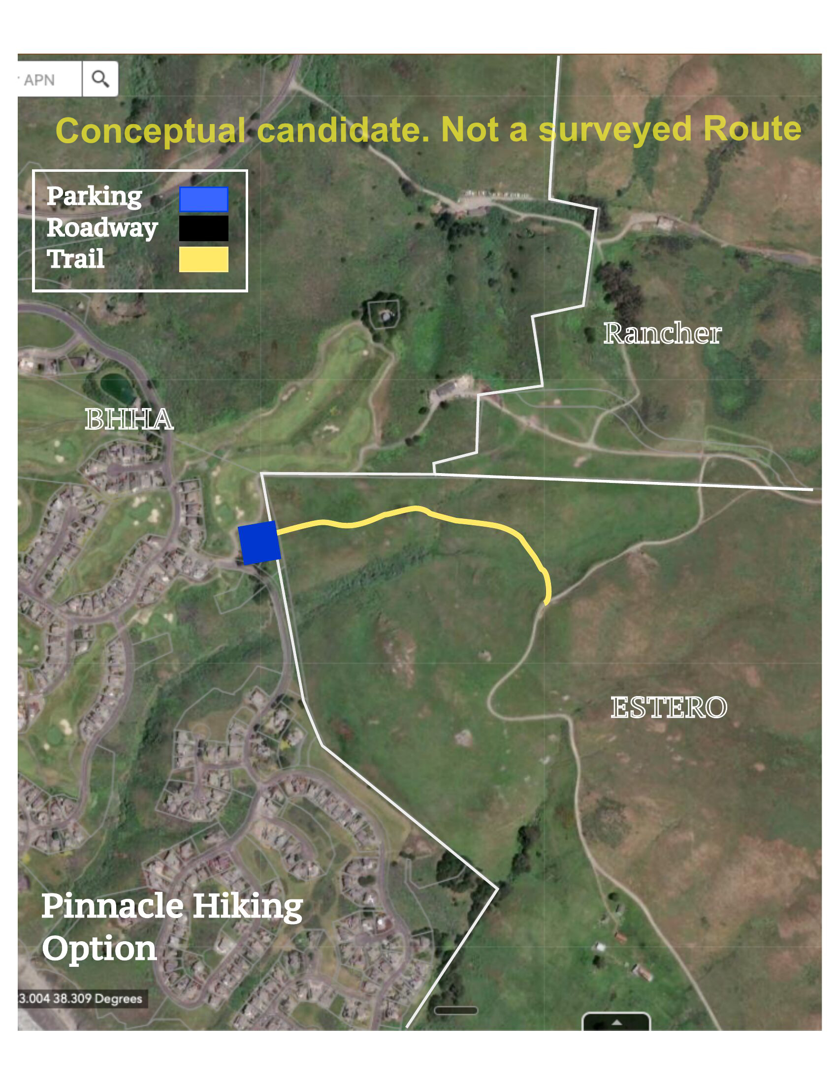 Aerial map showing Pinnacle Hiking option with parking near Pinnacle Gulch area and a trail connection east to the Estero