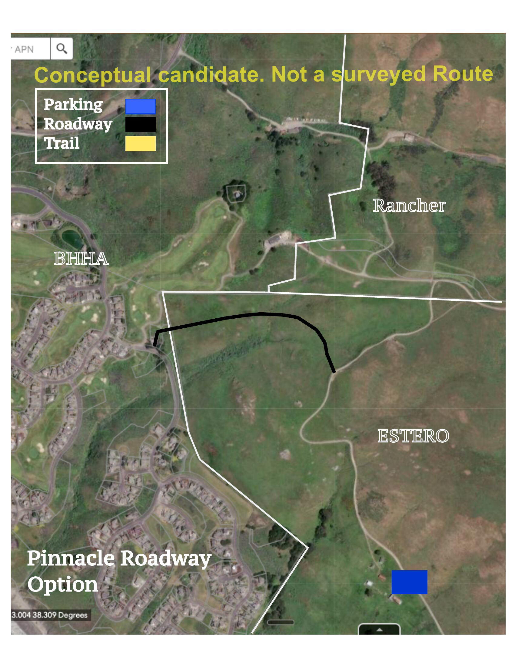 Aerial map showing Pinnacle Roadway option with parking near the Estero accessed via a new road from the Pinnacle area